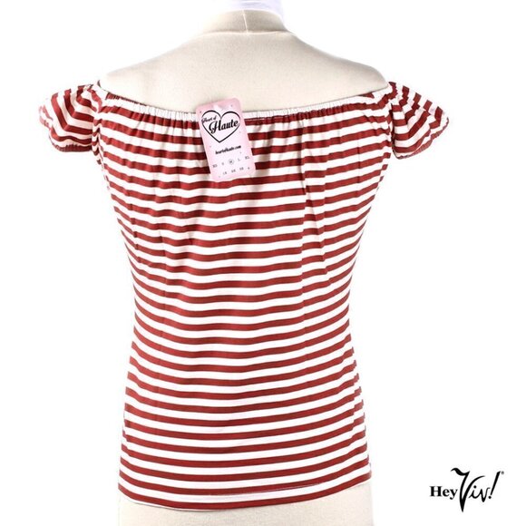 Off the Shoulder Top Blouse Red & White Stripe Heart of Haute Sz Large - Hey Viv - Picture 3 of 5